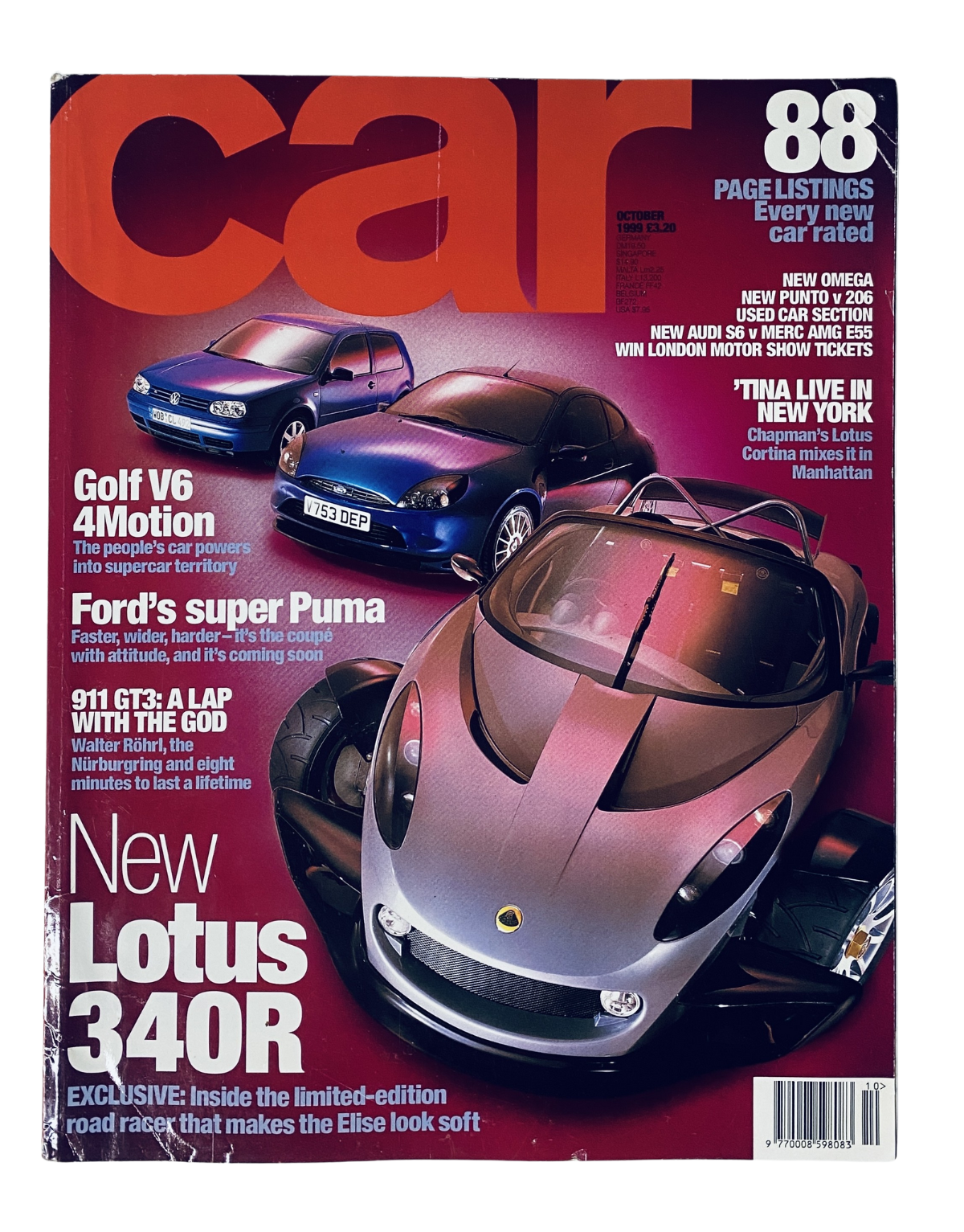 Cover of Car Magazine, October 1999 edition featuring the new Lotus 340R, Golf V6 4Motion, Ford Puma, and a Porsche 911 GT3 in Manhattan with the headline '88 Page Listings Every New Car Rated'.