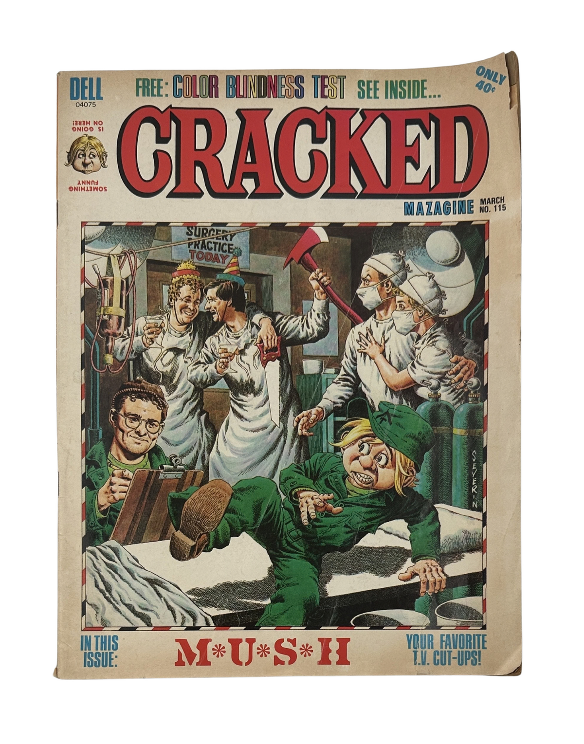 Cover of Cracked Magazine No. 115 from March 1973 featuring a M.U.S.H. TV parody, illustrated with humor and depicting characters in a comedic medical setting.