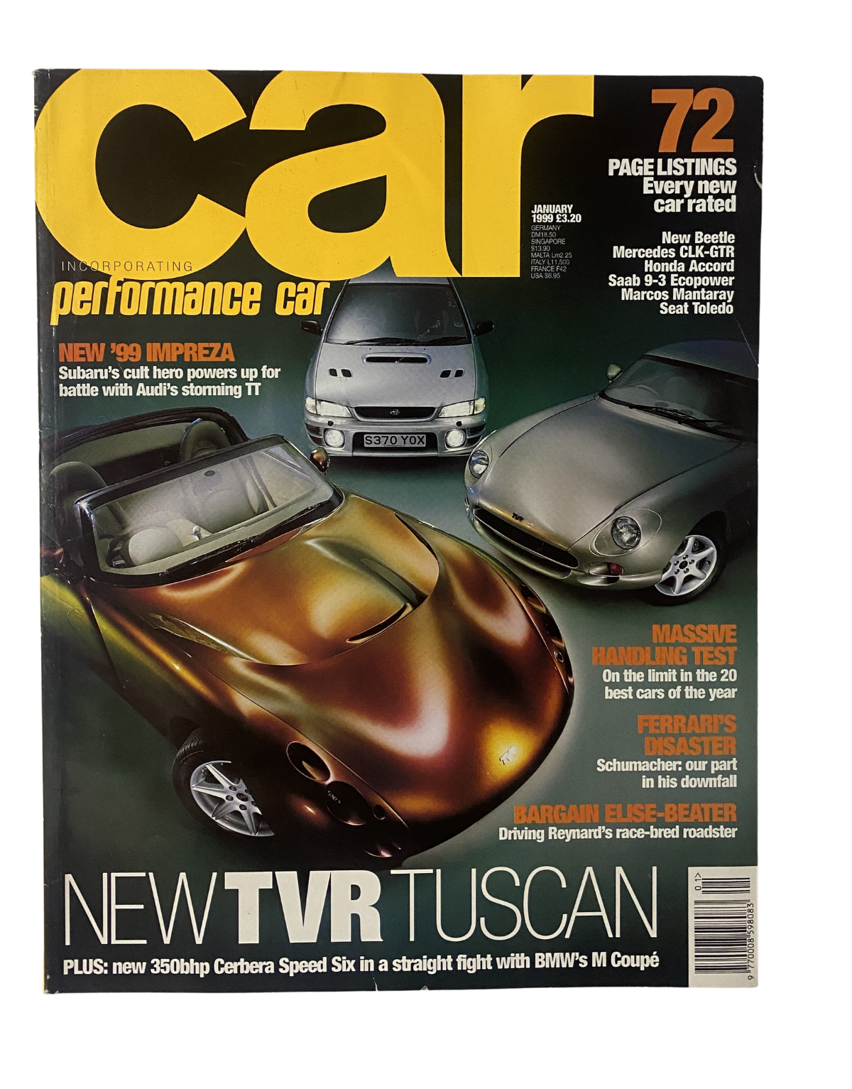 Cover of CAR Magazine January 1999 featuring the New TVR Tuscan, along with a performance car showcase including the new Subaru Impreza and BMW M Coupe, showcasing automotive trends and features.