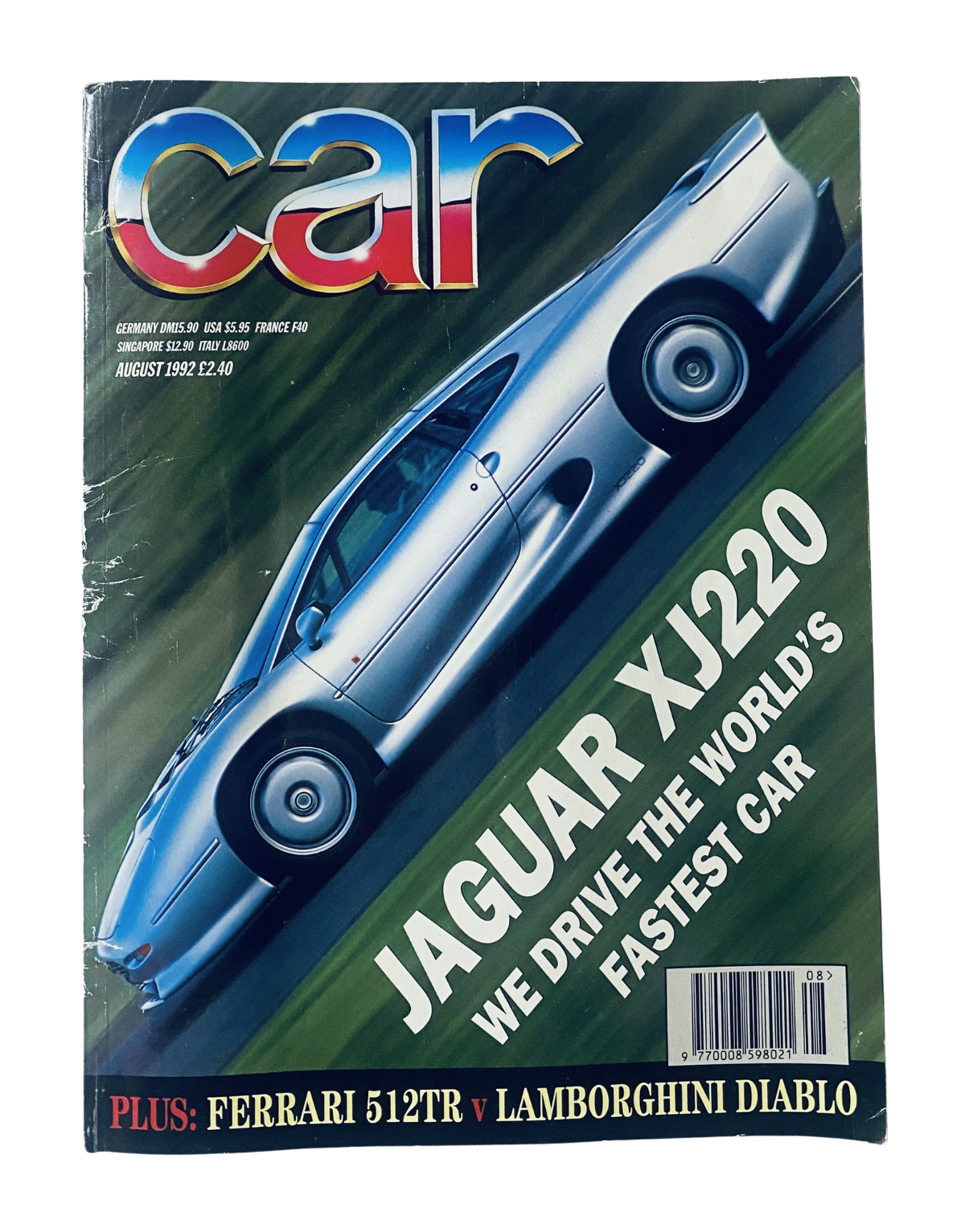 Car Magazine August 1992 cover featuring the Jaguar XJ220, touted as the world's fastest car, with bold graphics and vibrant colors. The magazine also includes a comparison review of Ferrari 512TR and Lamborghini Diablo.