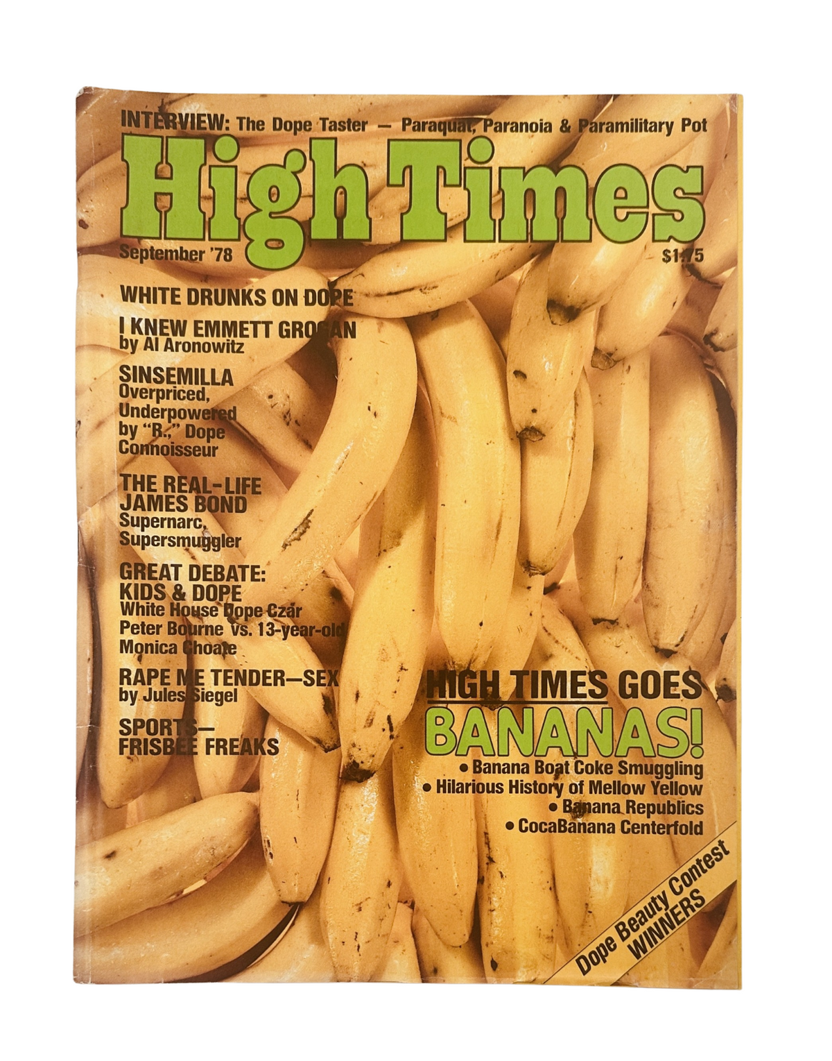 High Times Magazine September 1978 cover featuring bananas, highlighting the theme of 'High Times Goes Bananas' with articles on drug culture and a centerfold focusing on CocaBanana.