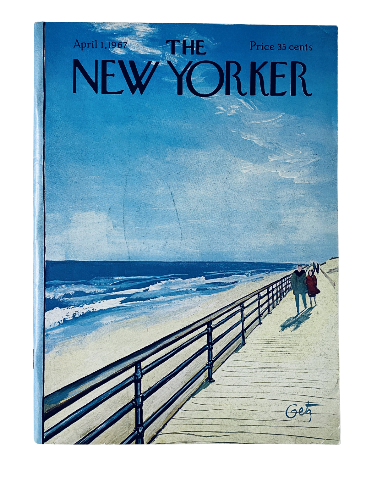 The New Yorker Magazine April 1, 1967 cover featuring an illustration of a boardwalk with a blue sky and ocean, artist Arthur Getz. The magazine is in very good condition.
