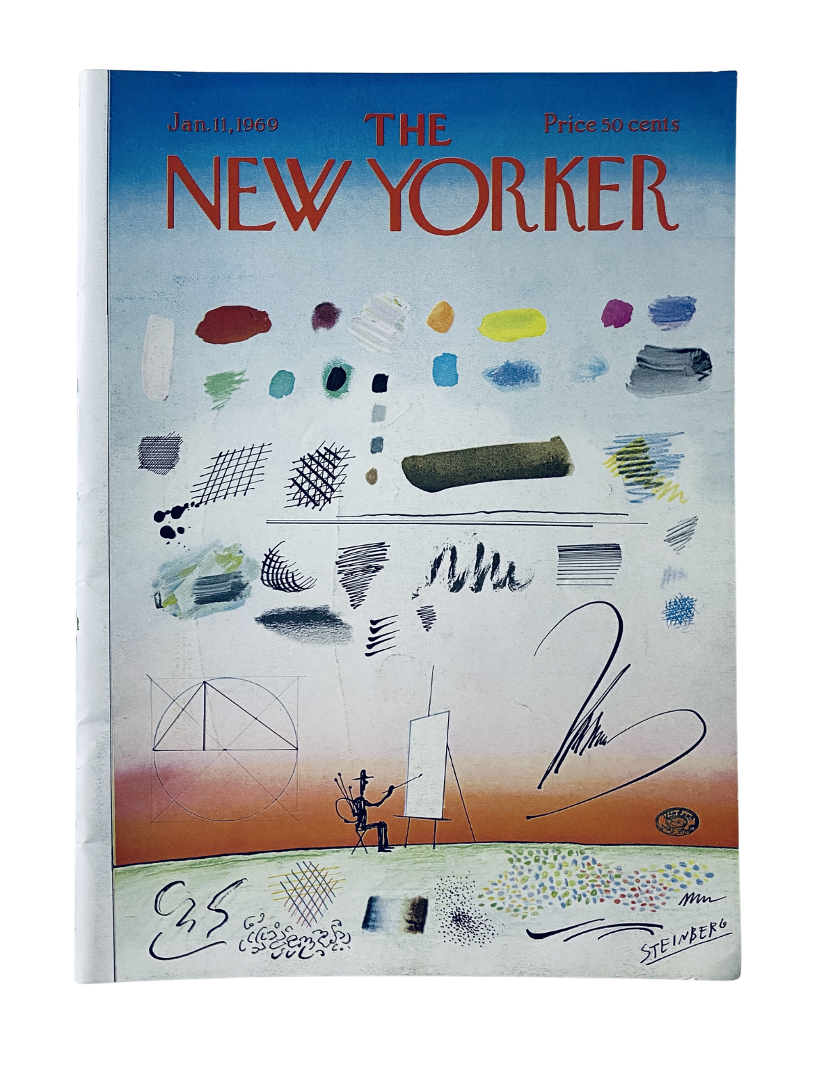 Cover of The New Yorker Magazine from January 11, 1969 featuring an abstract art illustration by Saul Steinberg. The cover showcases colorful brush strokes and artistic designs, highlighting the magazine's artistic theme.
