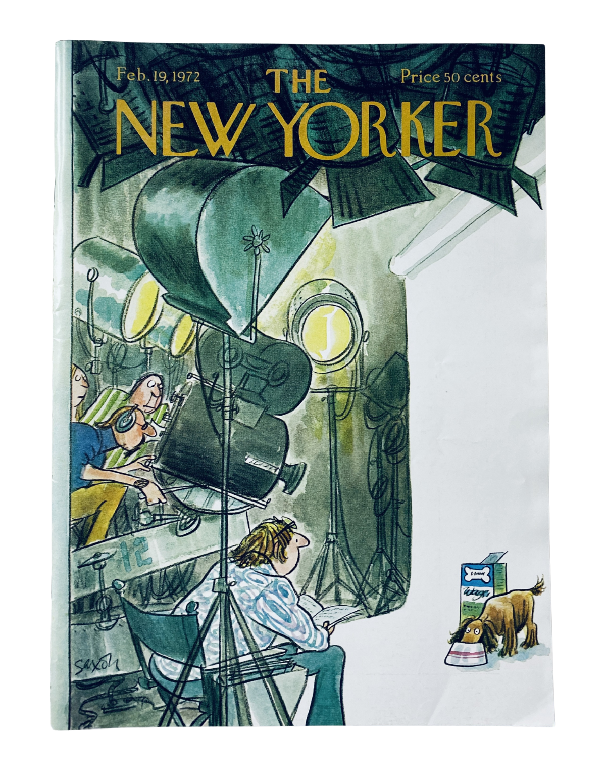 The New Yorker Magazine February 19, 1972 cover illustration featuring a film studio scene with people and studio equipment, created by C. Saxon.