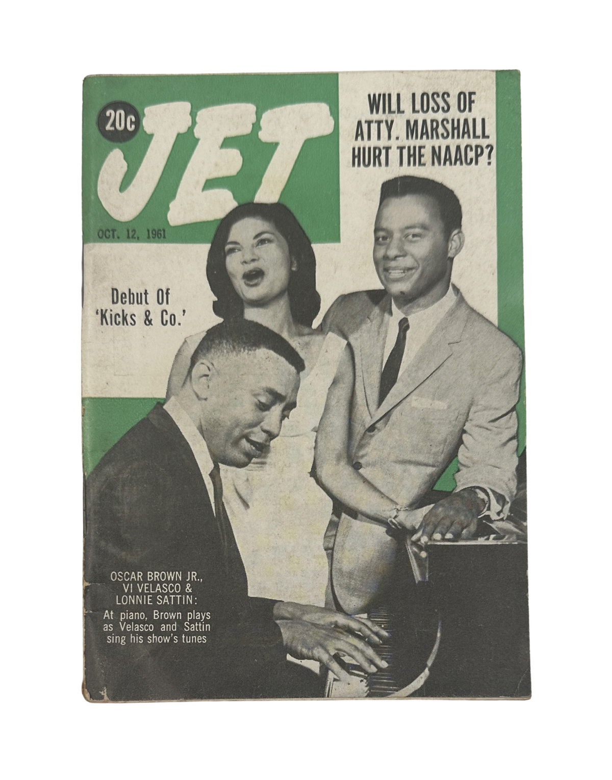Jet Magazine cover from October 12, 1961 featuring the debut of Kicks and Co. The cover displays three performers, including Oscar Brown Jr. at the piano, highlighting entertainment culture of the time.