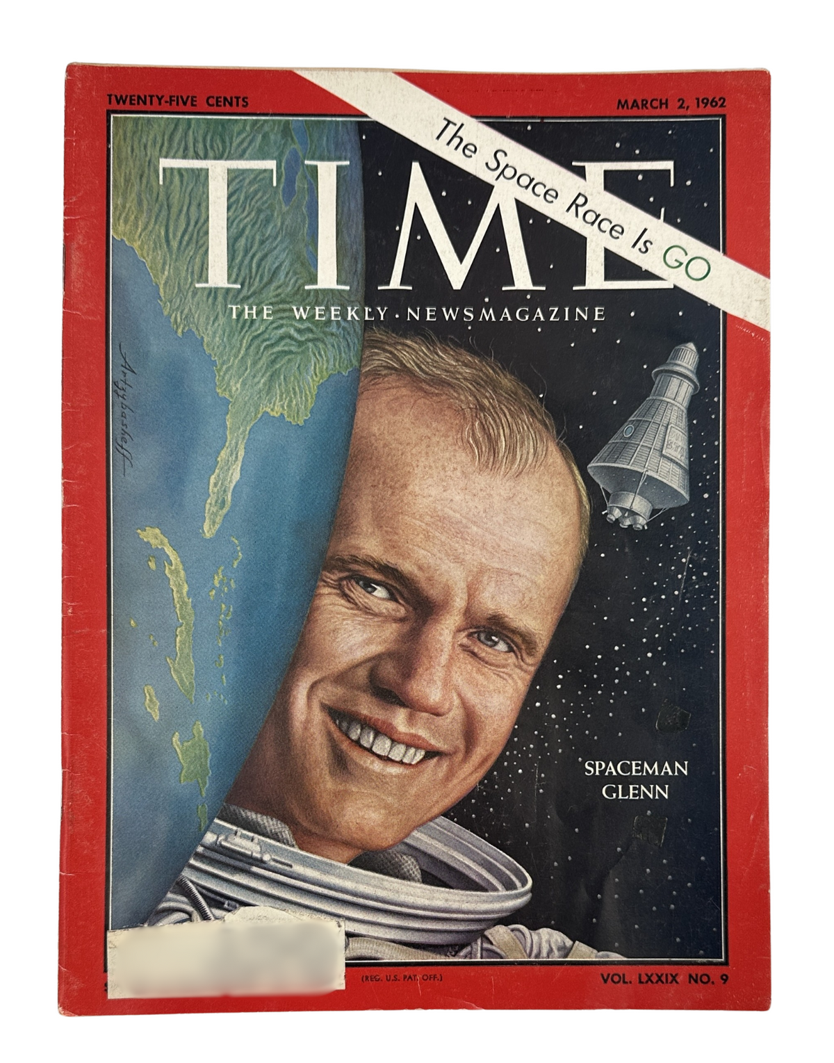 Time Magazine cover from March 2, 1962 featuring Spaceman John Glenn, highlighting the theme 'The Space Race Is GO', showcasing a vibrant illustration and bold title.