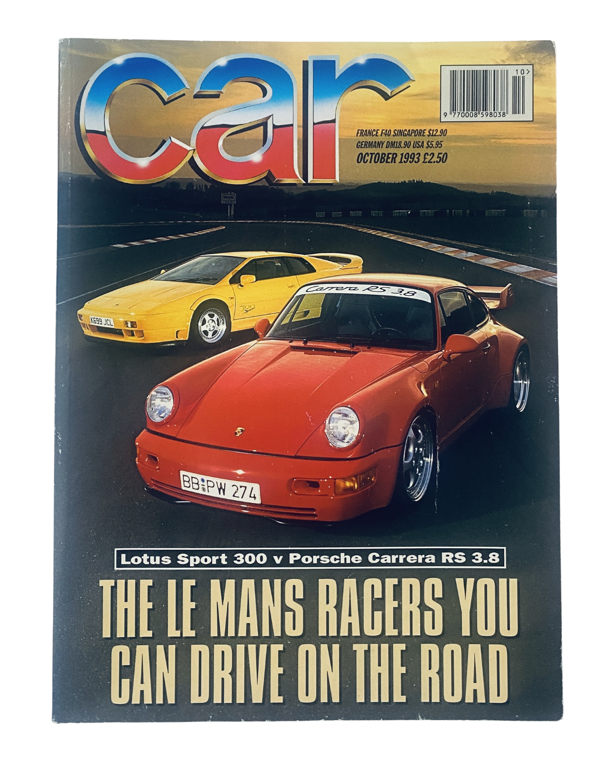 Car Magazine Cover from October 1993 featuring the Lotus Sport 300 and Porsche Carrera RS 3.8 with the headline: 'The Le Mans Racers You Can Drive on the Road'.