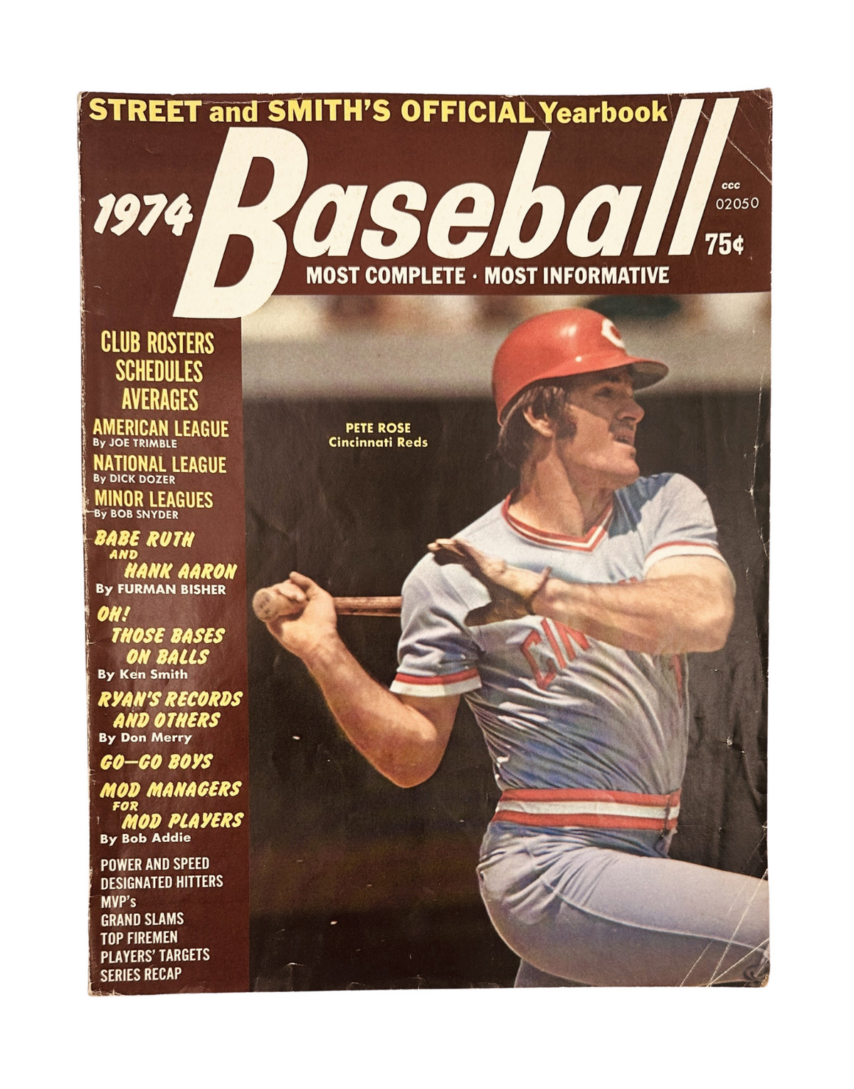 Cover of Street and Smith’s Baseball Magazine 1974 Yearbook featuring Pete Rose of the Cincinnati Reds, showcasing the title and vibrant design.