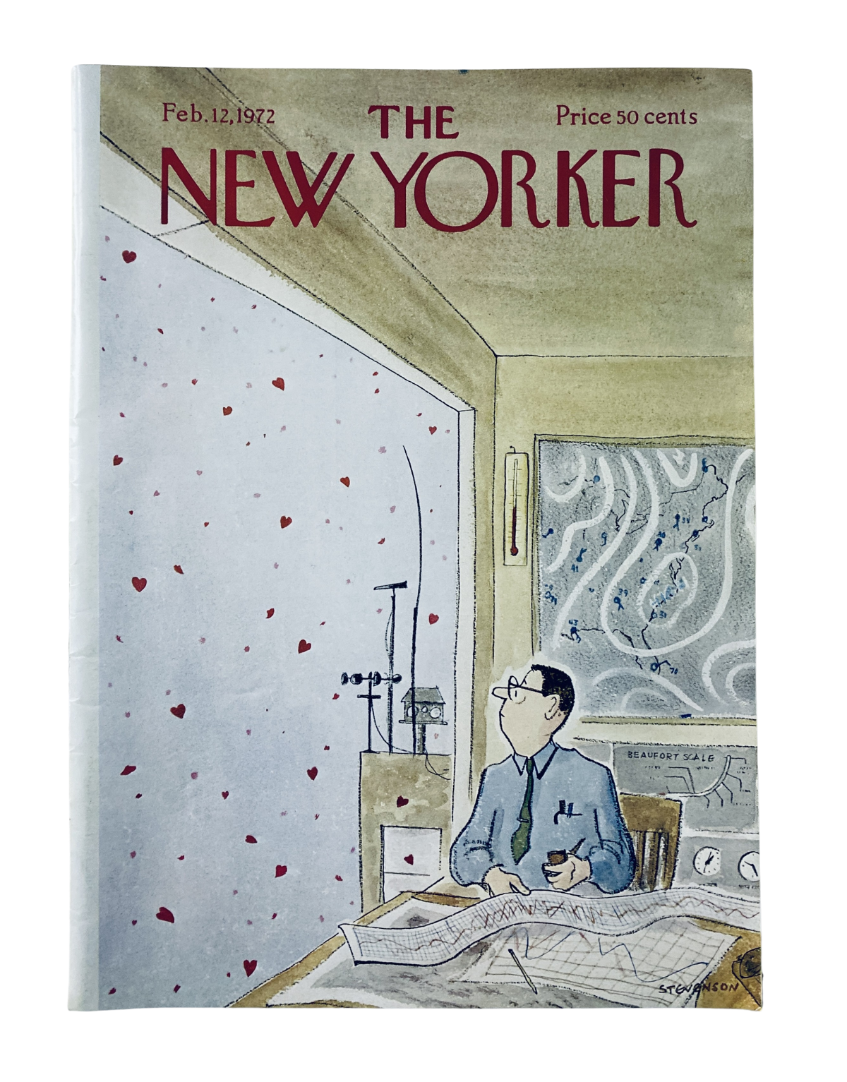 The New Yorker Magazine February 12, 1972 cover featuring a whimsical illustration by J. Stevenson, depicting a man looking at a wall adorned with hearts and maps, emphasizing themes of love and weather.