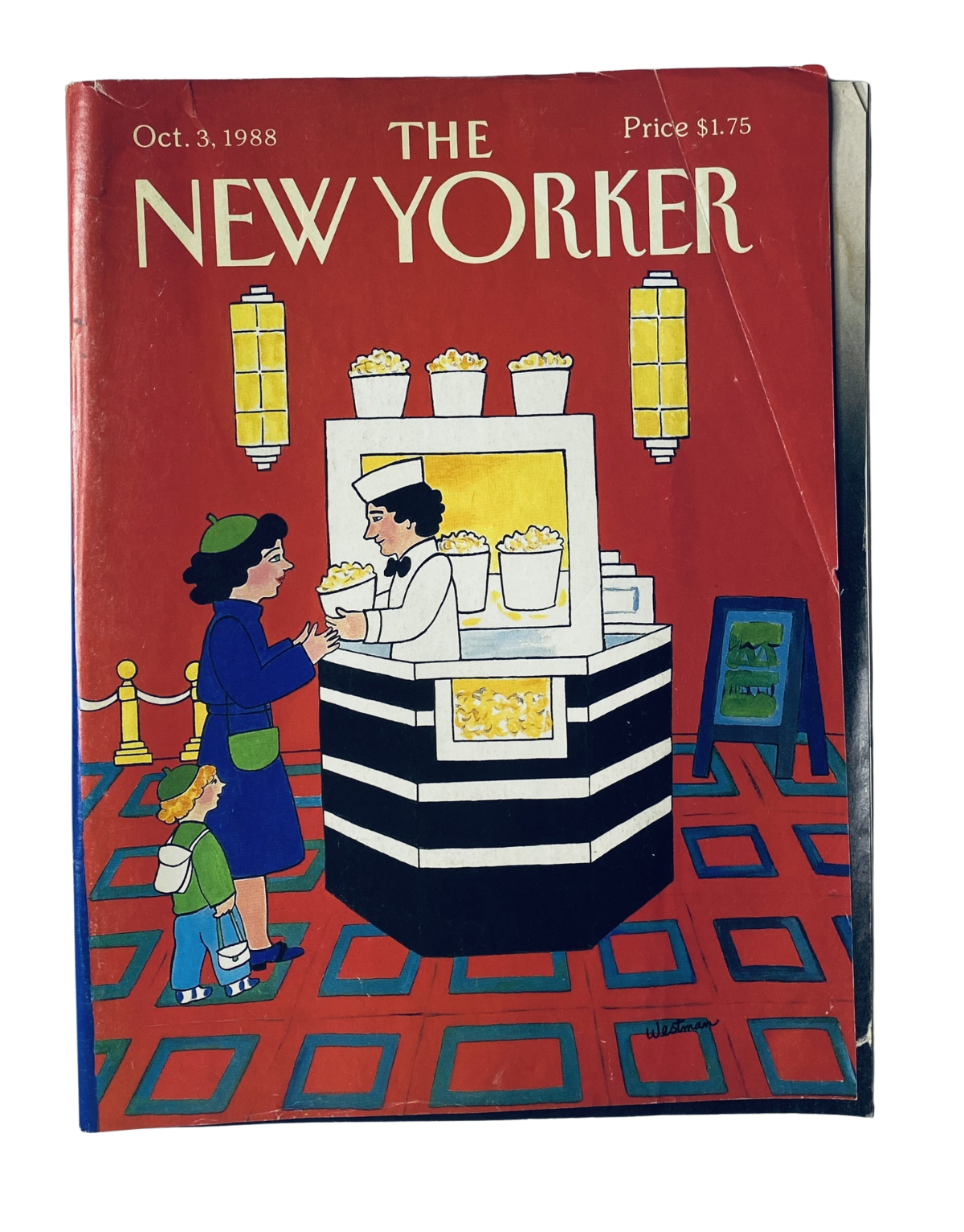 The New Yorker Magazine October 3, 1988 cover featuring a woman and child at a popcorn stand, emphasizing the playful and nostalgic elements of the illustration.