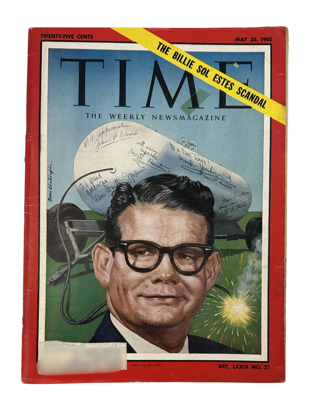 Time Magazine cover from May 25, 1962 featuring Billie Sol Estes. The cover displays a portrait of Billie Sol Estes with a prominent headline about the scandal, set against a red background.