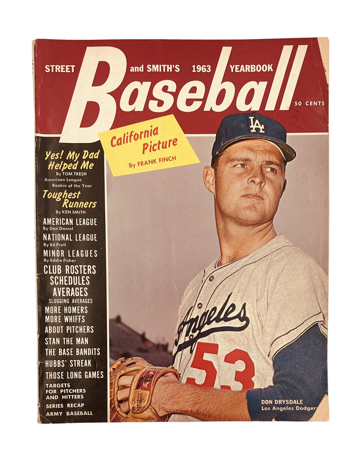 Cover of Street and Smith’s Baseball Magazine 1963 Yearbook featuring Don Drysdale of the L.A. Dodgers with headlines about California Picture and Toughest Runners.