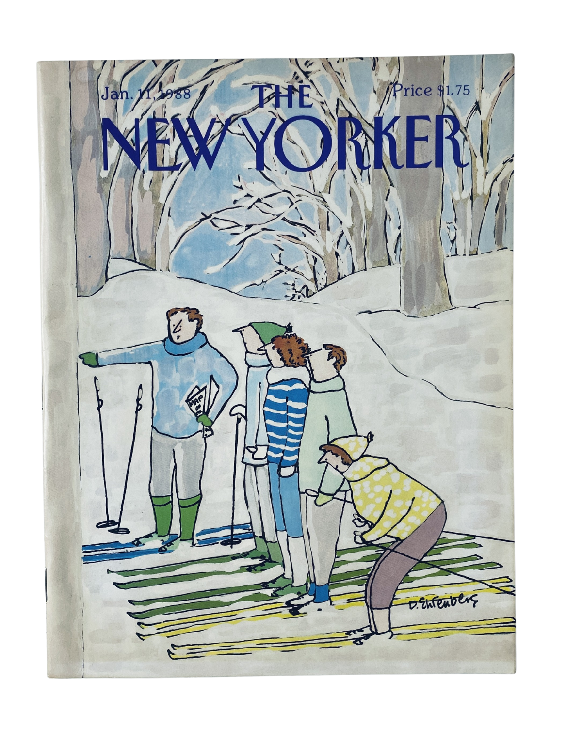 The New Yorker Magazine January 11, 1988 cover featuring an illustration by Devera Ehrenberg, depicting a winter scene with four skiers on a stylized ski trail surrounded by snow-covered trees, priced at $1.75.