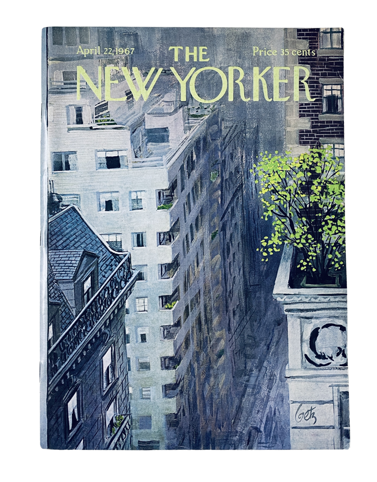 The New Yorker Magazine April 22, 1967 cover illustrated by Arthur Getz, featuring a cityscape with green foliage and buildings.
