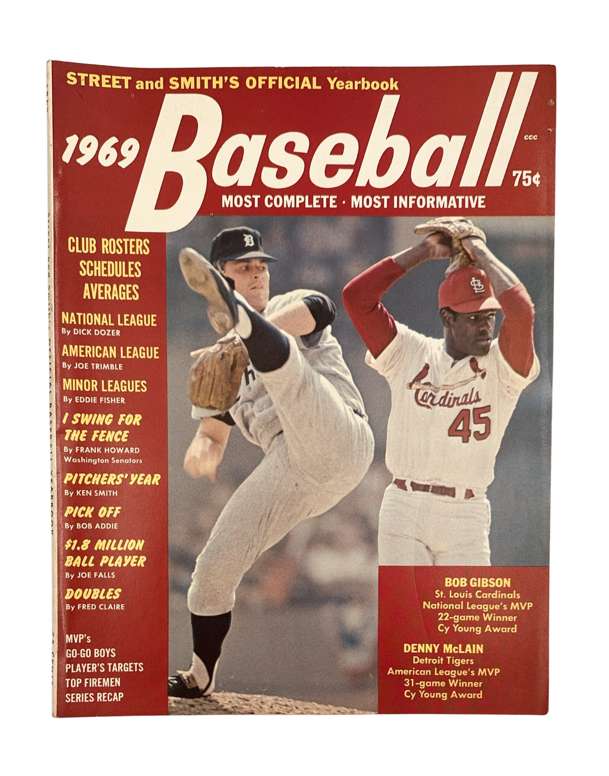 Street and Smith’s Baseball Magazine 1969 Yearbook featuring Bob Gibson and Denny McLain, showcasing a vintage cover design with baseball action shots and the title prominently displayed.