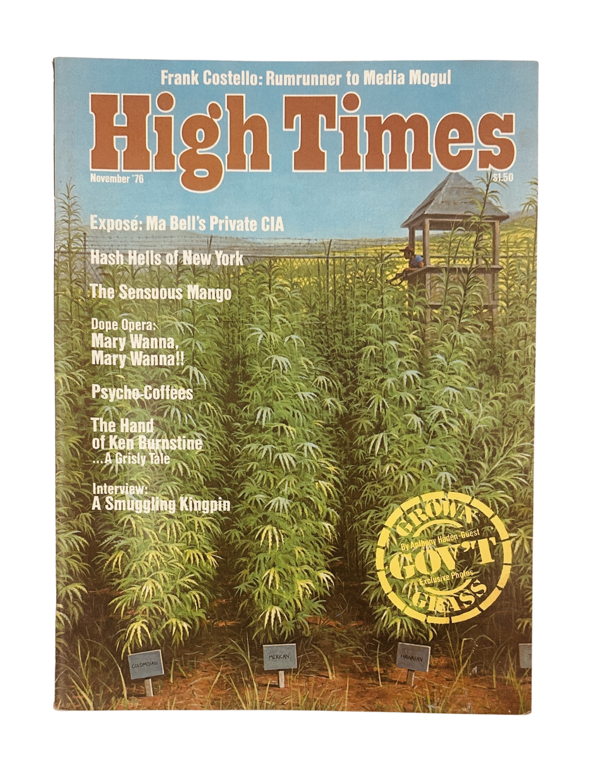 High Times Magazine cover from November 1976 featuring Frank Costello, highlighting articles on hash, mangoes, and smuggling.