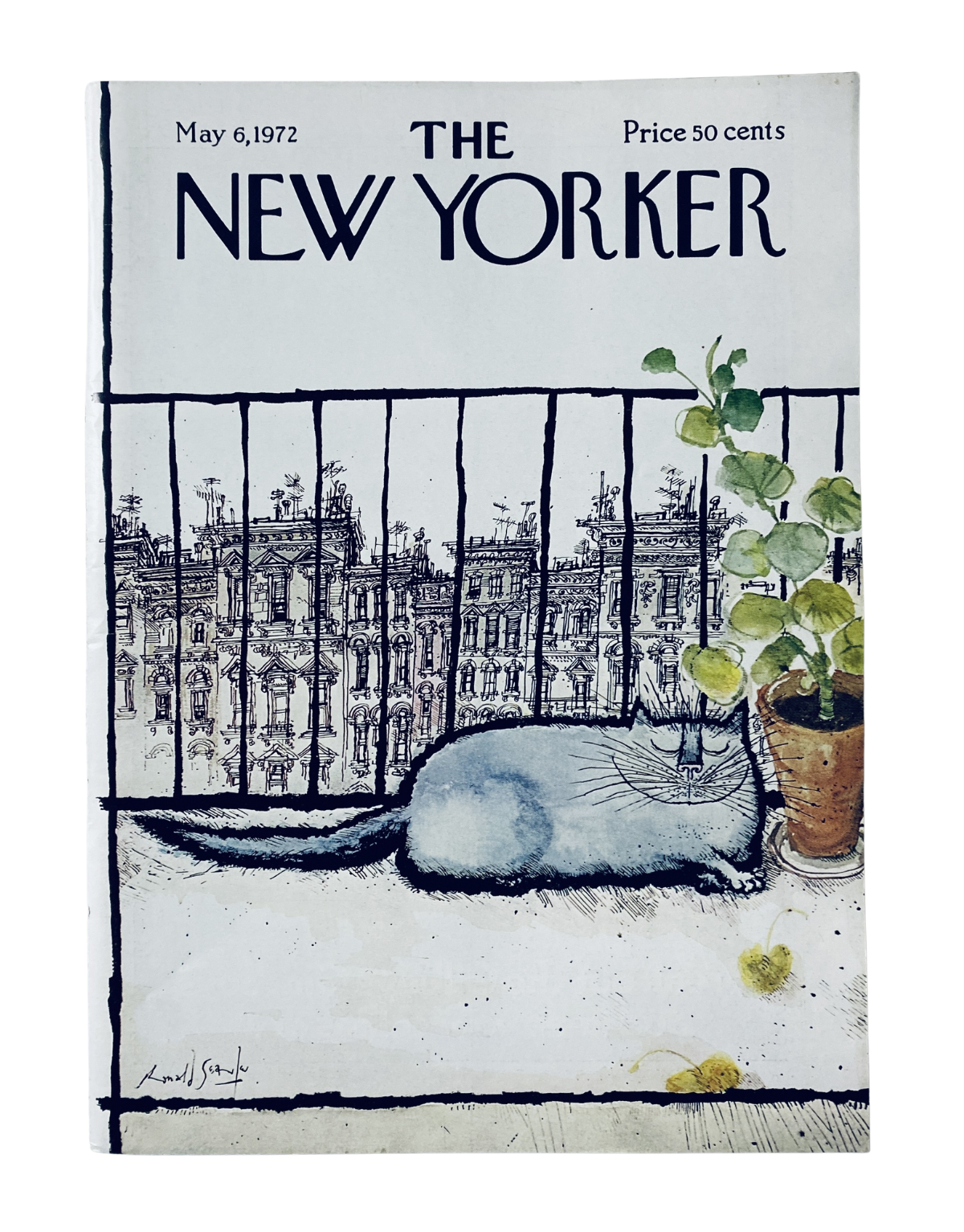 The New Yorker Magazine May 6, 1972 cover illustrated by Ronald Searle featuring a cat on a balcony overlooking a cityscape.