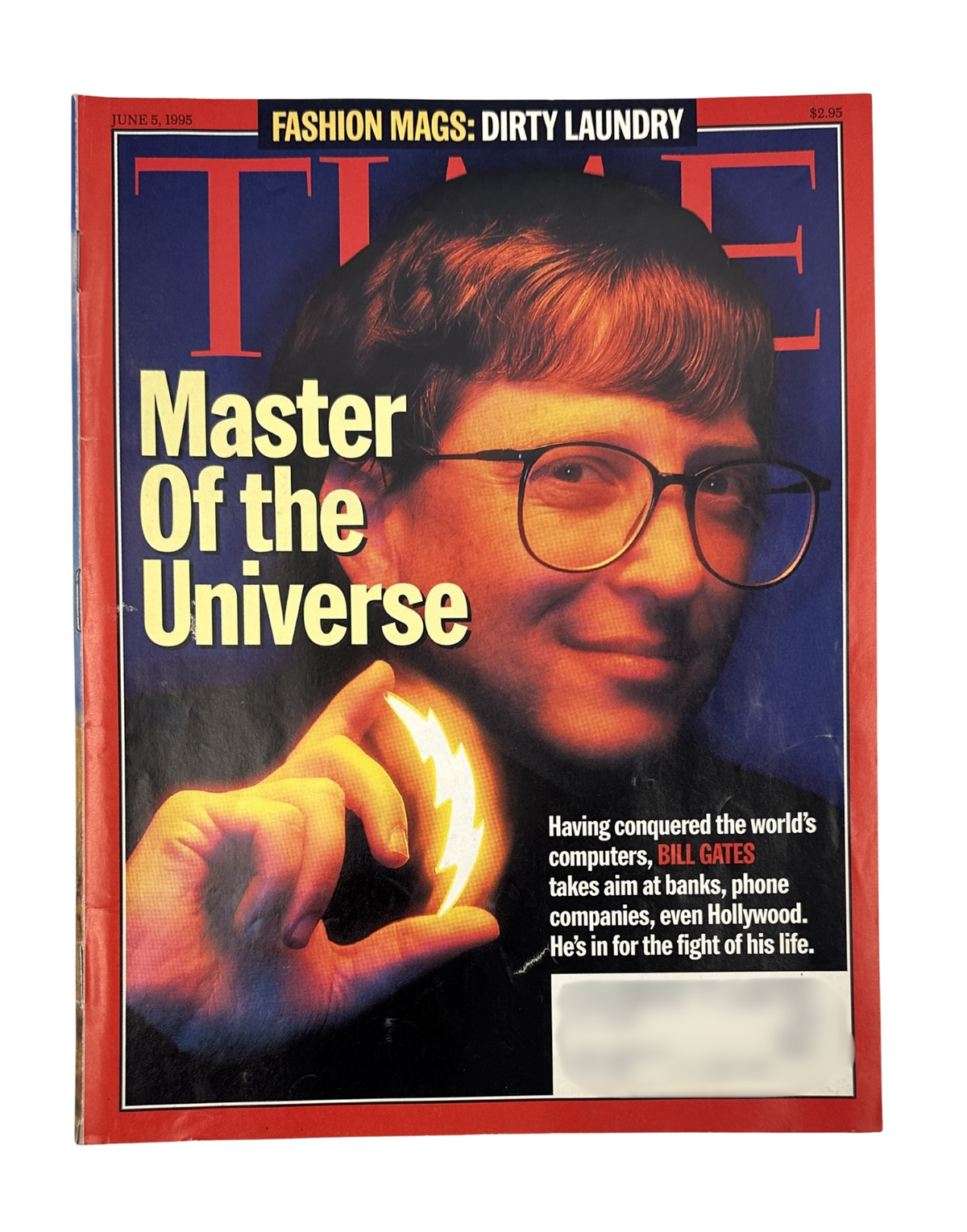 TIME Magazine cover from June 5, 1995 featuring Bill Gates, titled 'Master of the Universe'. The image shows Gates holding a glowing orb, symbolizing his influence in the tech world.