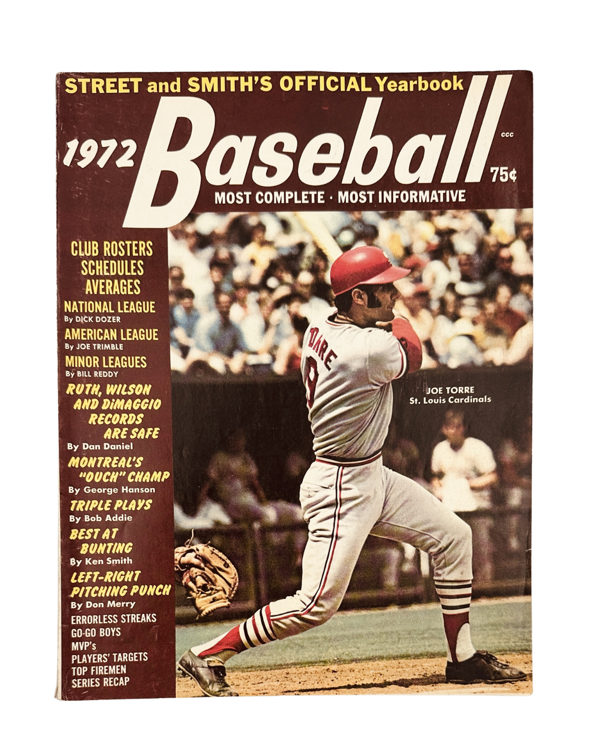 Cover of Street and Smith’s Baseball Magazine 1972 Yearbook featuring Joe Torre of the St. Louis Cardinals, showcasing the title 'Baseball', club rosters, schedules, and detailed insights into the 1971 baseball season.