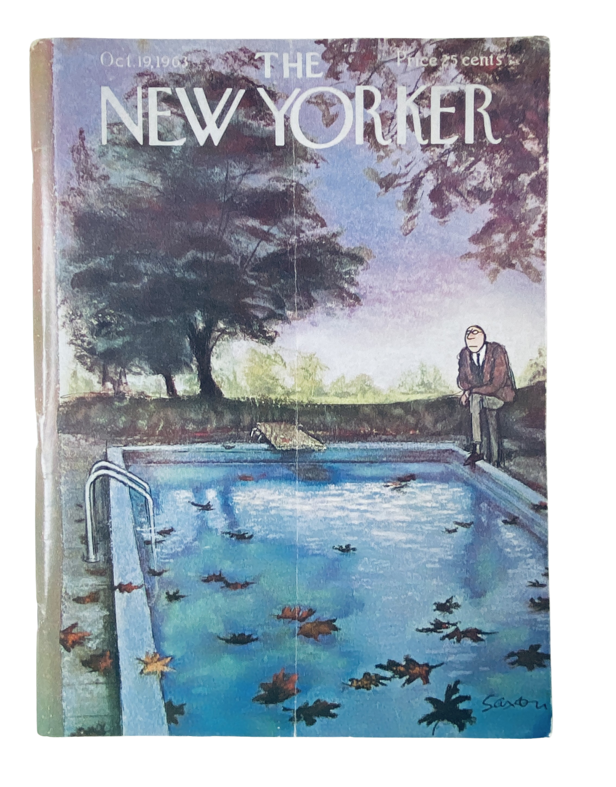 The New Yorker Magazine October 19, 1963 cover featuring an autumn pool scene by Charles D. Saxon, depicting a tranquil setting with leaves floating on a pool and a figure by the edge.