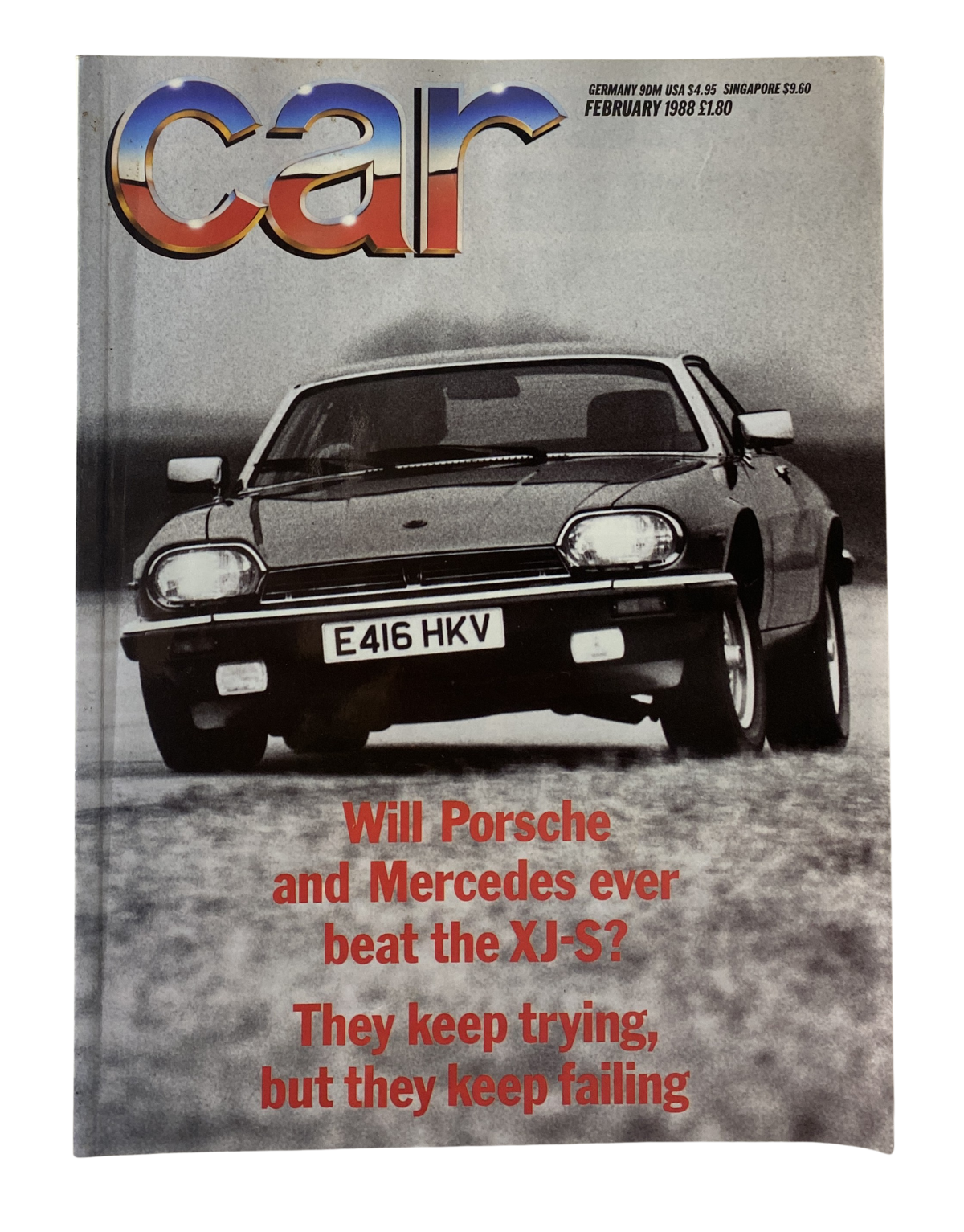 Car Magazine February 1988 cover featuring a Porsche 928S4 and Jaguar XJ-S. The headline questions whether Porsche and Mercedes can beat the XJ-S.