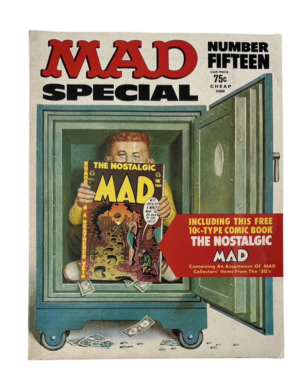 MAD Magazine Super Special No. 15 cover featuring a child in a treasure chest holding a nostalgic MAD comic insert, published in 1974.