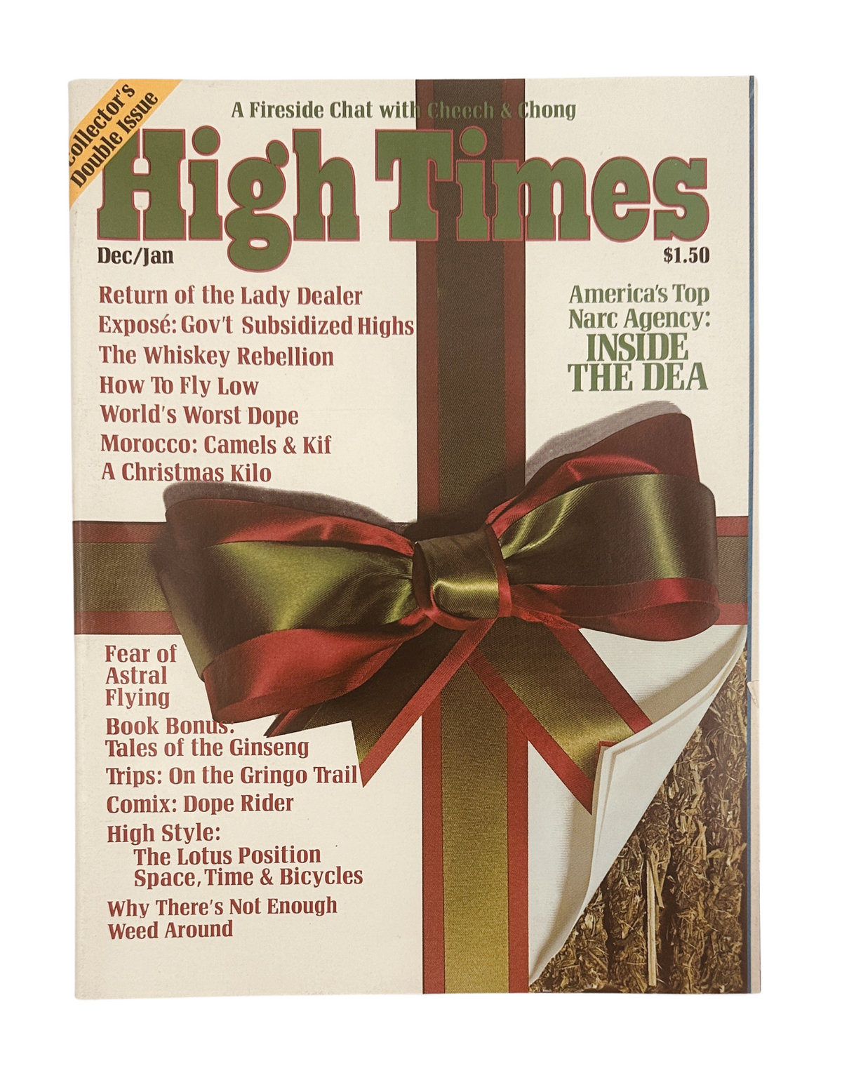 High Times Magazine December/January 1975 featuring Cheech and Chong on the cover, showcasing a festive bow. The issue highlights articles such as 'Return of the Lady Dealer' and 'The Whiskey Rebellion', priced at $1.50.