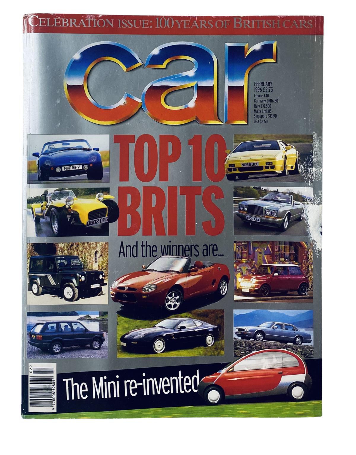 Car Magazine February 1996 cover featuring 'Top 10 Brits' and highlighting 'The Mini Reinvented' as part of the celebration of 100 years of British cars, showcasing various British vehicles.