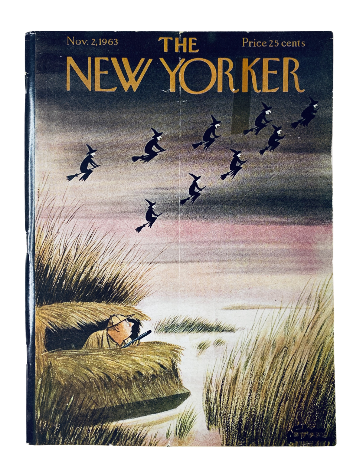Cover of The New Yorker Magazine, November 2, 1963, featuring a Halloween theme with witches illustrated by C. Addams, depicting a whimsical scene of witches flying over a marshland.