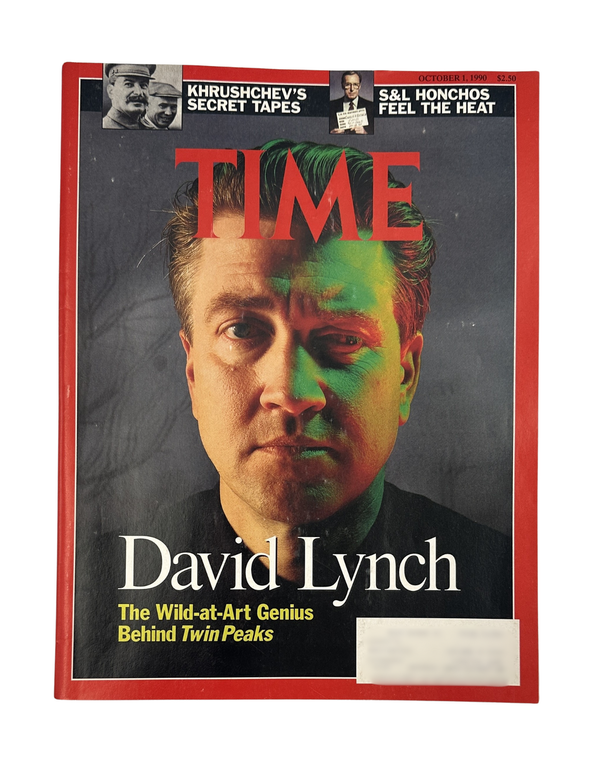 Time Magazine cover from October 1, 1990, featuring filmmaker David Lynch, known for Twin Peaks and characterized as the wild-at-art genius, with a red border and dramatic lighting.
