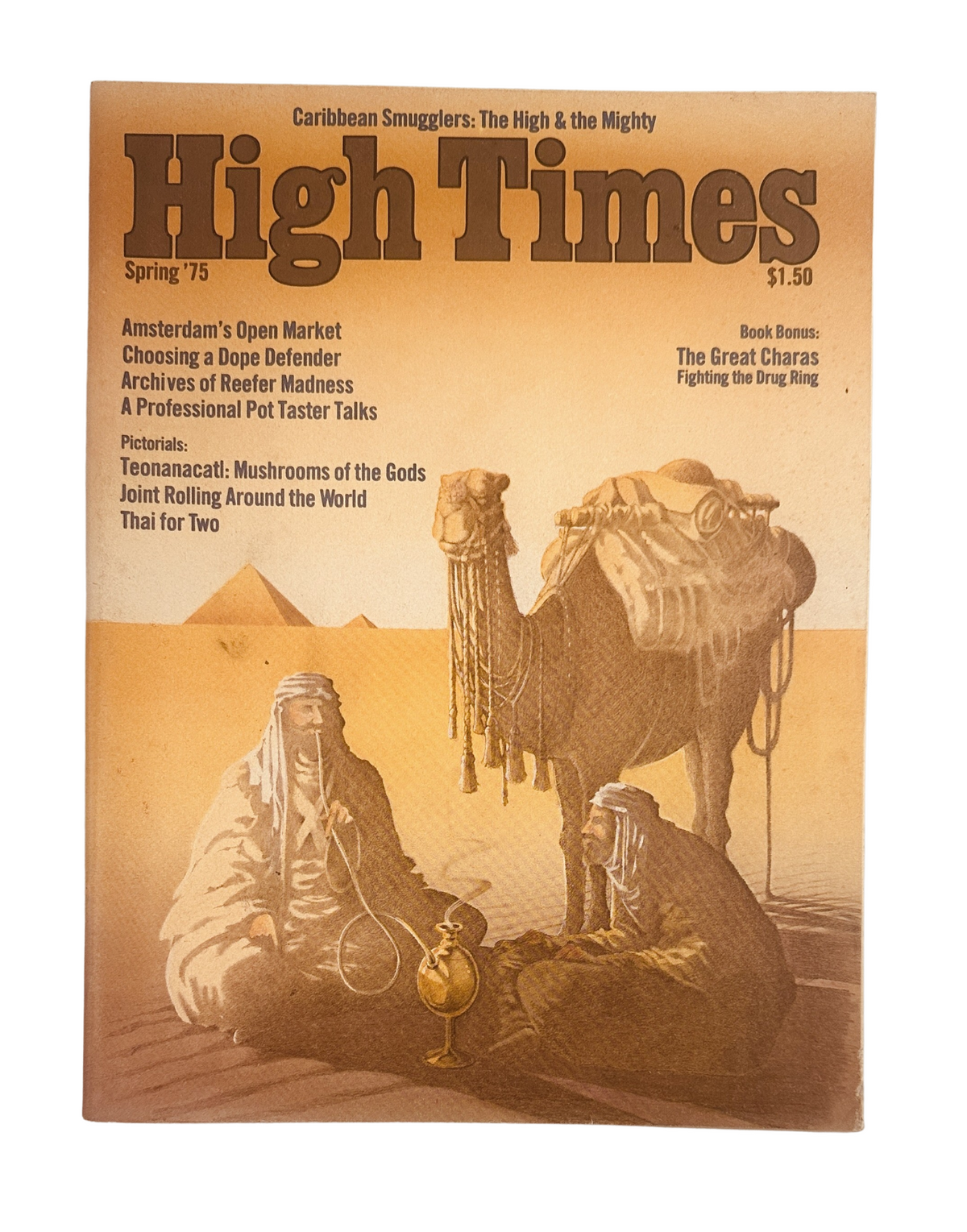 High Times Magazine Spring 1975 cover featuring a striking illustration of a camel and thematic elements on Caribbean smugglers, priced at $1.50, with content listed about the Great Charas, and drug culture.