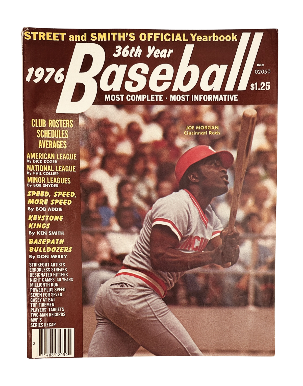 Cover of Street and Smith’s Baseball Magazine 1976 Yearbook featuring Joe Morgan of the Cincinnati Reds, highlighting baseball topics such as speed and statistics relevant to the season.