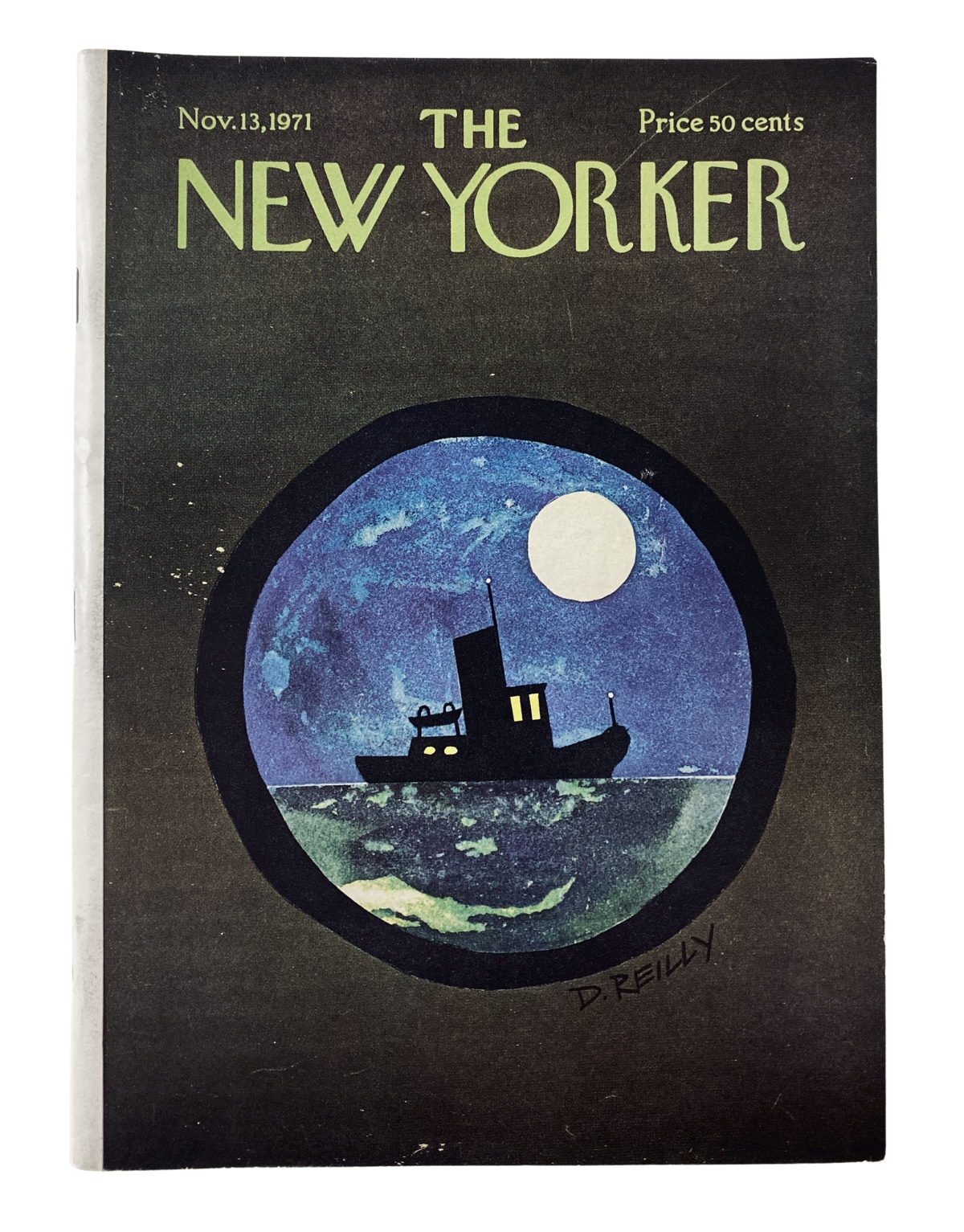 The New Yorker Magazine cover from November 13, 1971, featuring a boat in a moonlit scene, illustrated by Donald Reilly.