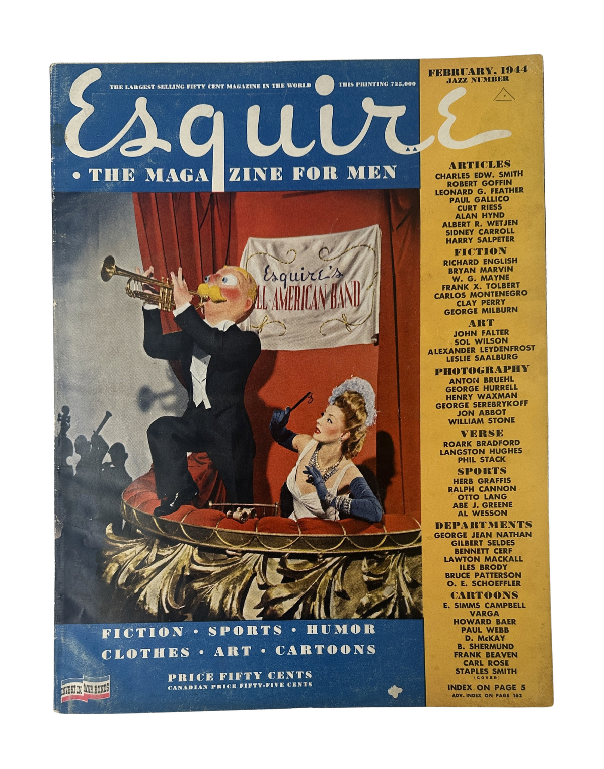 Esquire Magazine February 1944 cover featuring a whimsical illustration of a musician playing the trumpet with a clown face, themed around jazz and music, celebrating the Jazz Number edition.