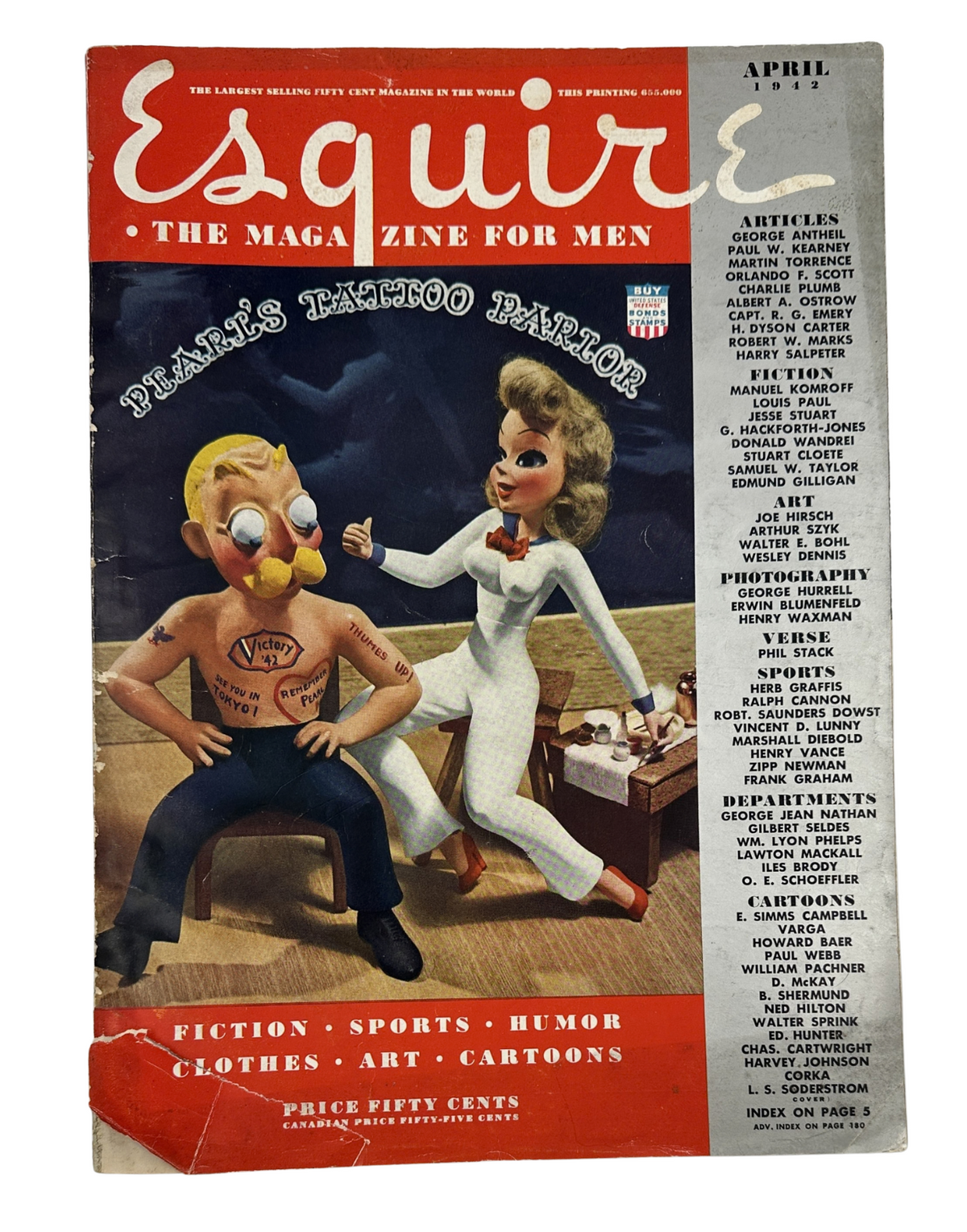 Esquire Magazine April 1942 cover featuring Pearl's Tattoo Parlor illustration, showcasing a tattooed man and a stylish woman in a vintage pinup style.