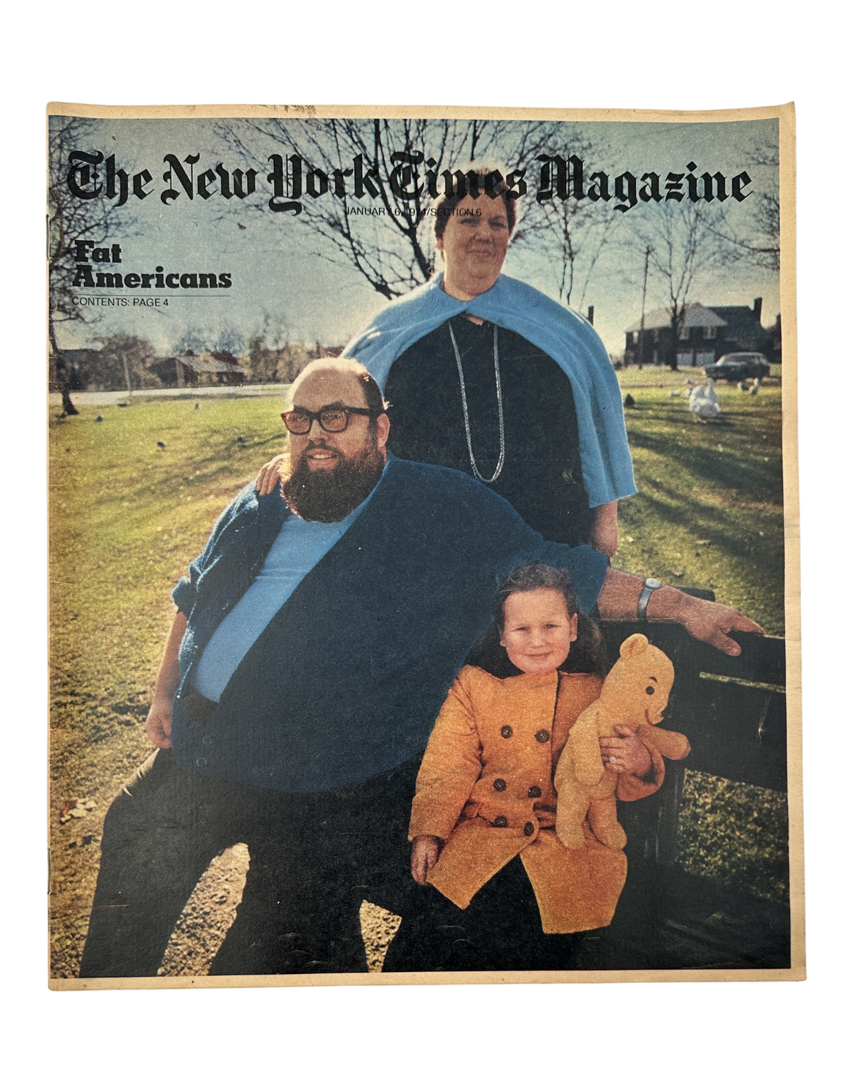 Cover of The New York Times Magazine January 6, 1974, featuring 'Fat Americans,' showcasing three individuals posing outdoors with a child holding a teddy bear.