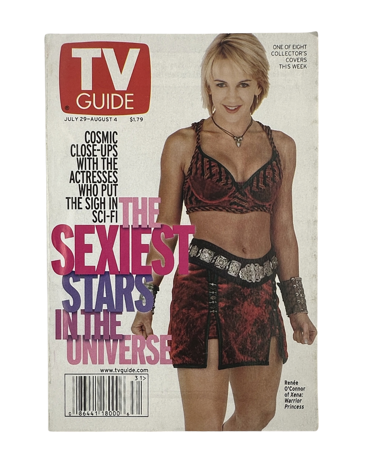 Cover of TV Guide Magazine dated July 29, 2000 featuring Renée O’Connor, titled 'The Sexiest Stars in the Universe' with a striking photo of the actress.