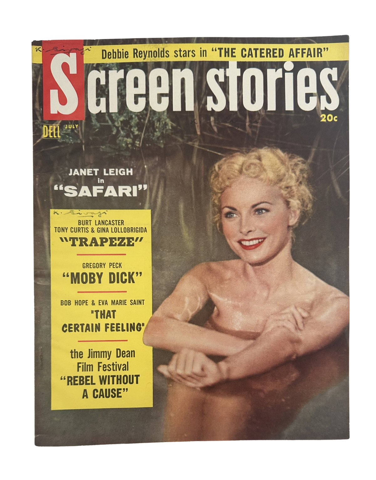 Cover of Screen Stories Magazine July 1956 featuring photographs and headlines about Debbie Reynolds in 'The Catered Affair', Janet Leigh in 'Safari', Gregory Peck in 'Moby Dick', and the Jimmy Dean Film Festival.