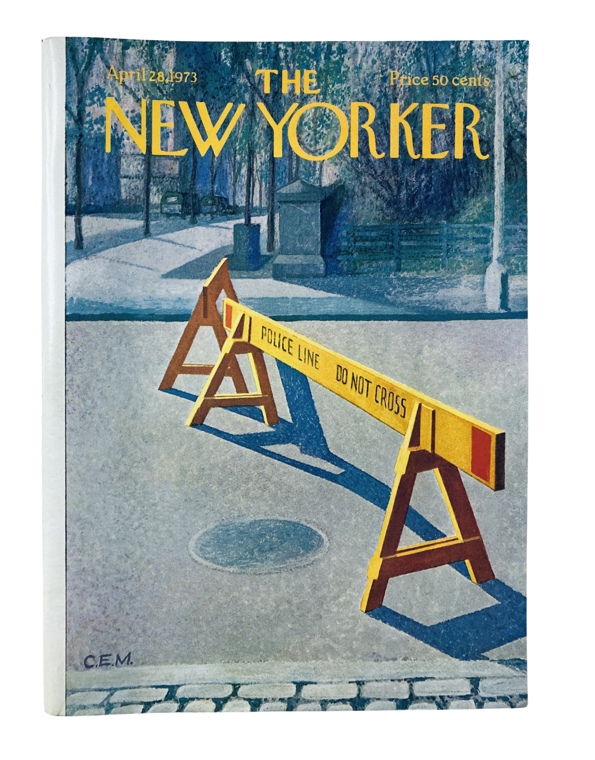 The New Yorker Magazine April 28, 1973 featuring a police line do not cross barrier on the cover by artist Charles E. Martin, illustrating an urban scene in very good condition.