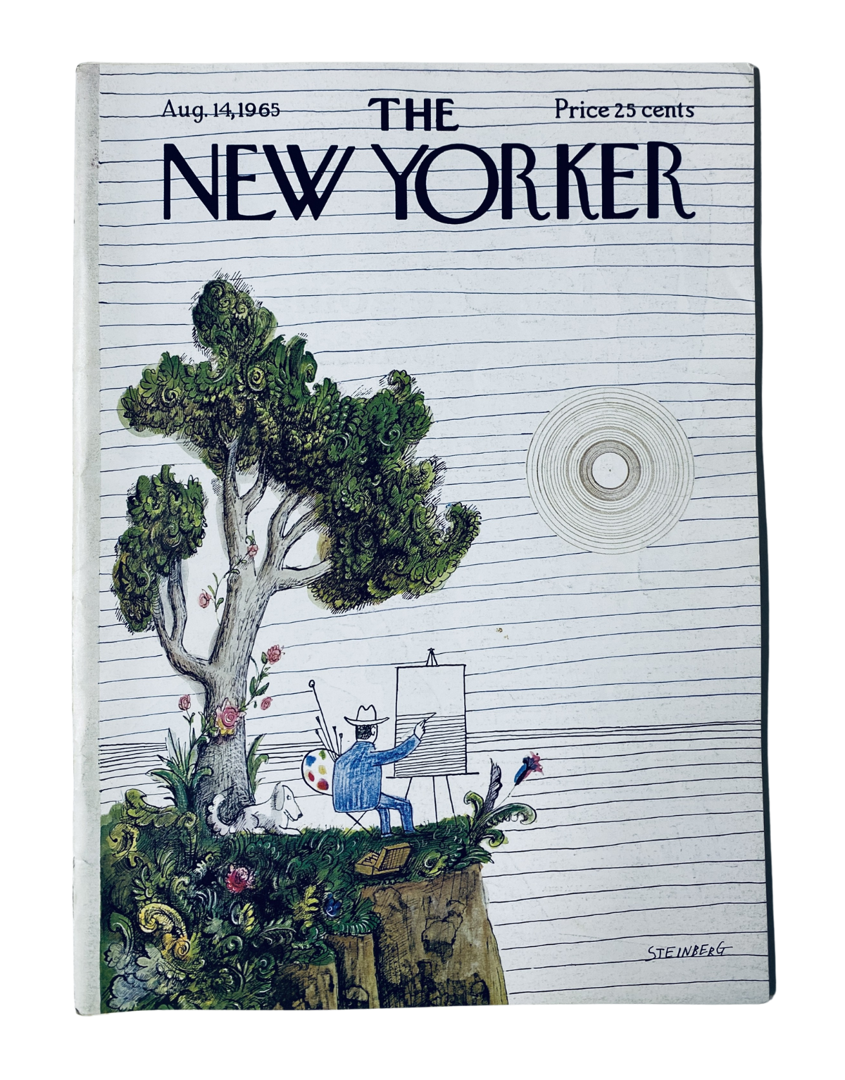 Cover of The New Yorker Magazine August 14, 1965 featuring artwork by Saul Steinberg, showcasing a whimsical scene with an artist at an easel beside a large tree.