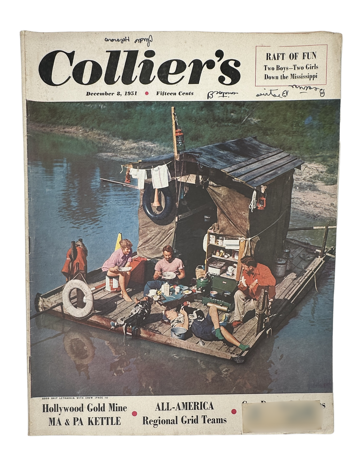 Collier's Magazine December 8, 1951 cover featuring 'Raft of Fun' with Ma and Pa Kettle, depicting two boys and two girls on a raft in the Mississippi River, highlighting articles on Hollywood and regional sports teams.