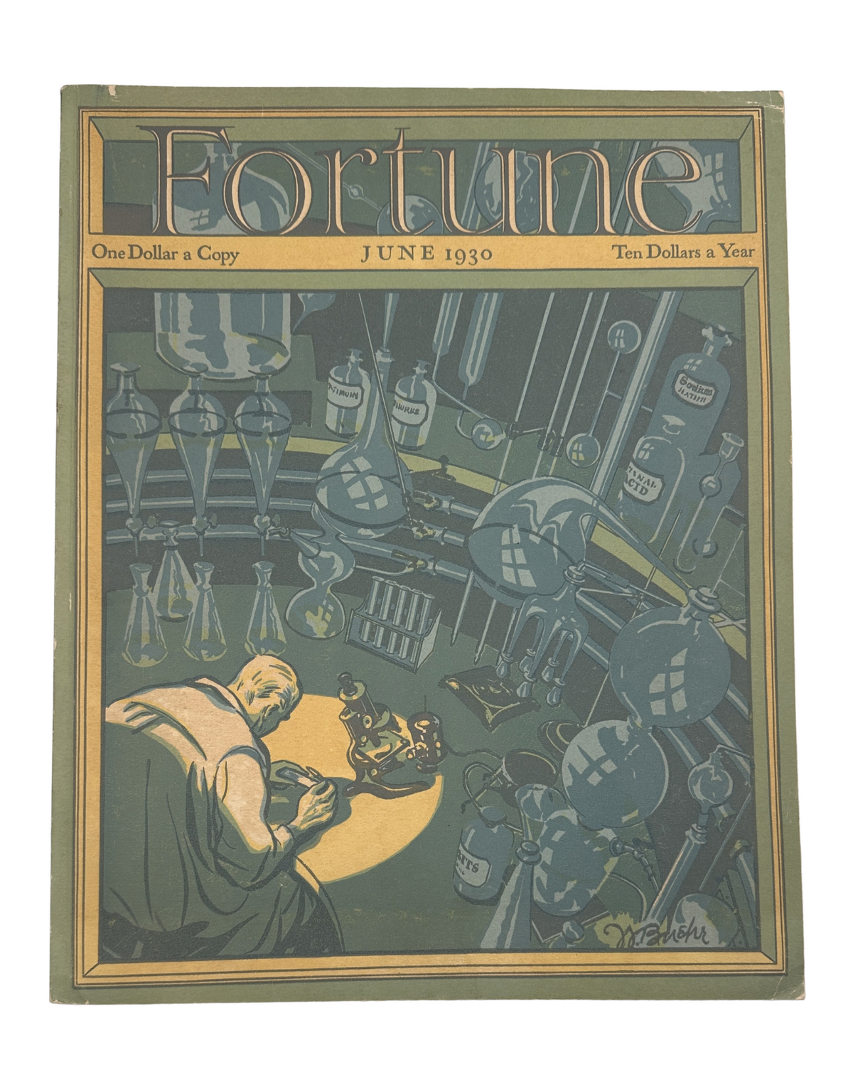 Fortune Magazine June 1930 cover featuring a laboratory chemist surrounded by glassware, highlighting the theme of chemical research and innovation.