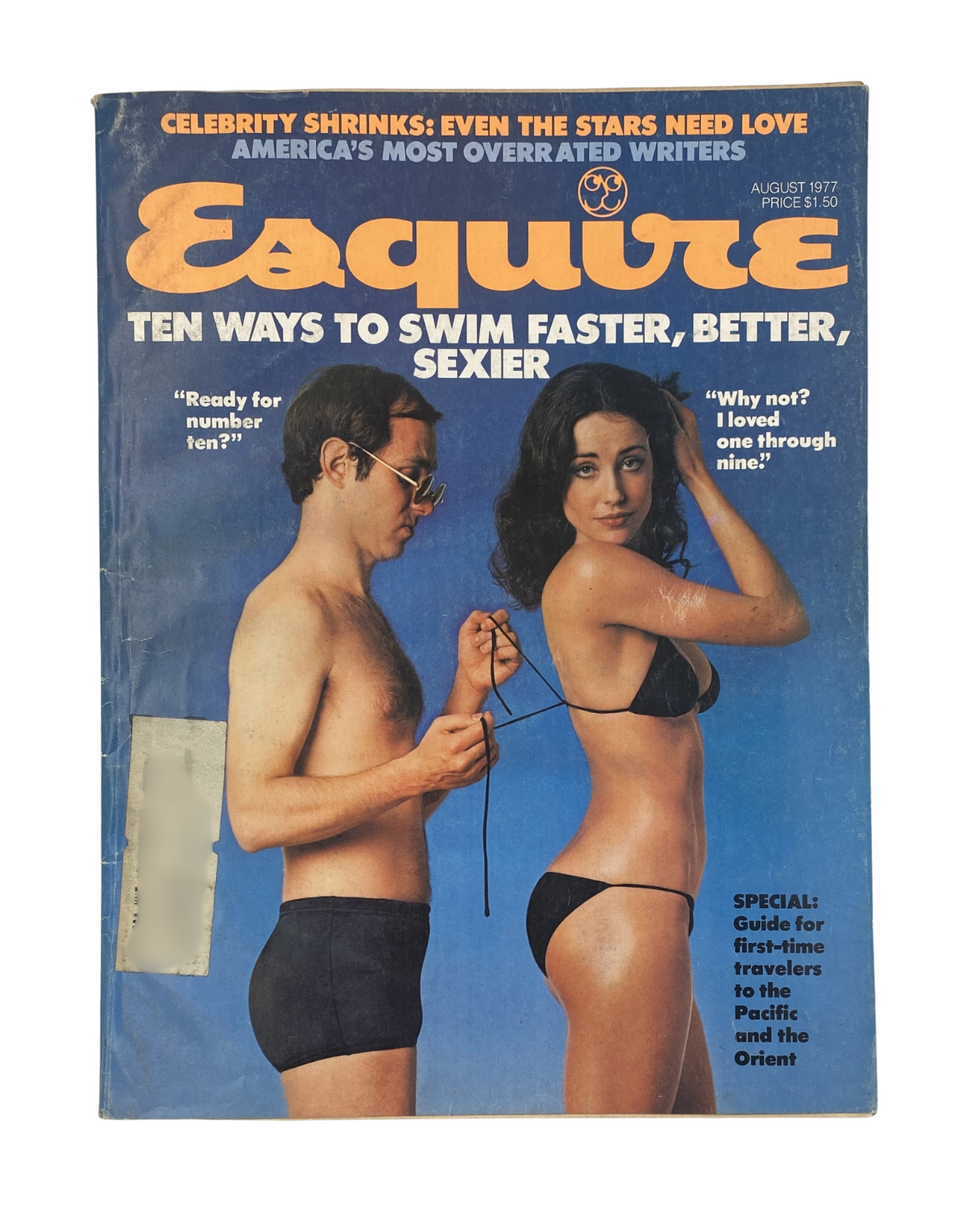 Esquire Magazine cover from August 1977 featuring 'Ten Ways to Swim Faster, Better, Sexier' with a man and woman in swimwear, showcasing trends in celebrity culture and self-improvement.