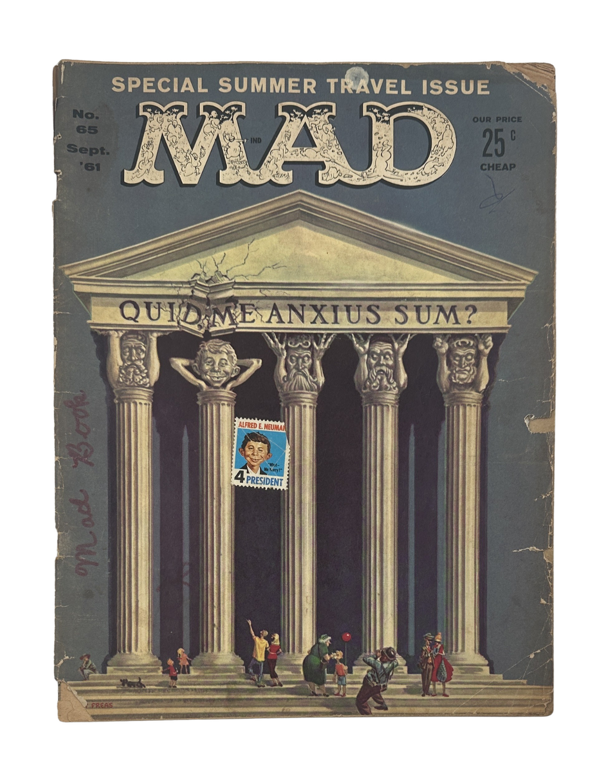 MAD Magazine No. 65 September 1961 cover showcasing classical architecture with the caption 'Quid Me Anxius Sum?' features a comedic theme related to travel. The cover includes an illustration and a stamp depicting a historical figure.
