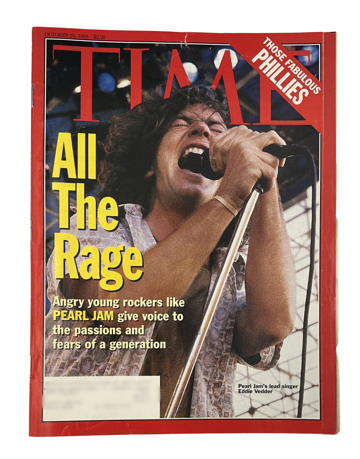 Time Magazine cover from October 25, 1993 featuring Pearl Jam and lead singer Eddie Vedder, showcasing the headline 'All The Rage'.