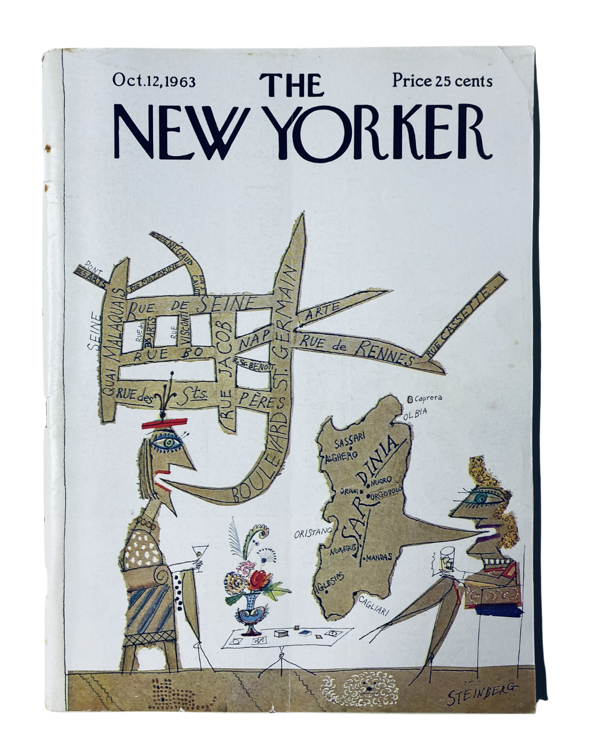 The New Yorker Magazine cover from October 12, 1963, featuring artwork by Steinberg, showcasing a whimsical illustration with various street names and characters.