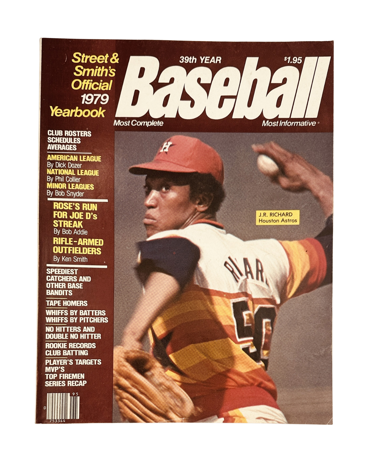 Cover of Street and Smith’s Baseball Magazine 1979 Yearbook featuring J.R. Richard of the Houston Astros, highlighting baseball rosters, schedules, and player insights. The magazine is priced at $1.95 and signifies the 39th year of publication.