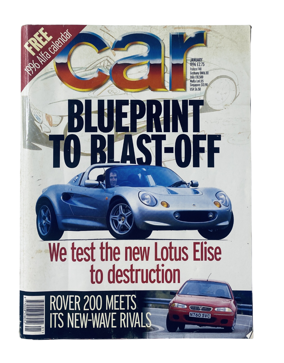 Car Magazine January 1996 featuring a Lotus Elise Test with the tagline 'Blueprint to Blast-Off'. The cover displays a sleek silver Lotus Elise and a Rover 200, showcasing automotive design and performance in the auto industry.