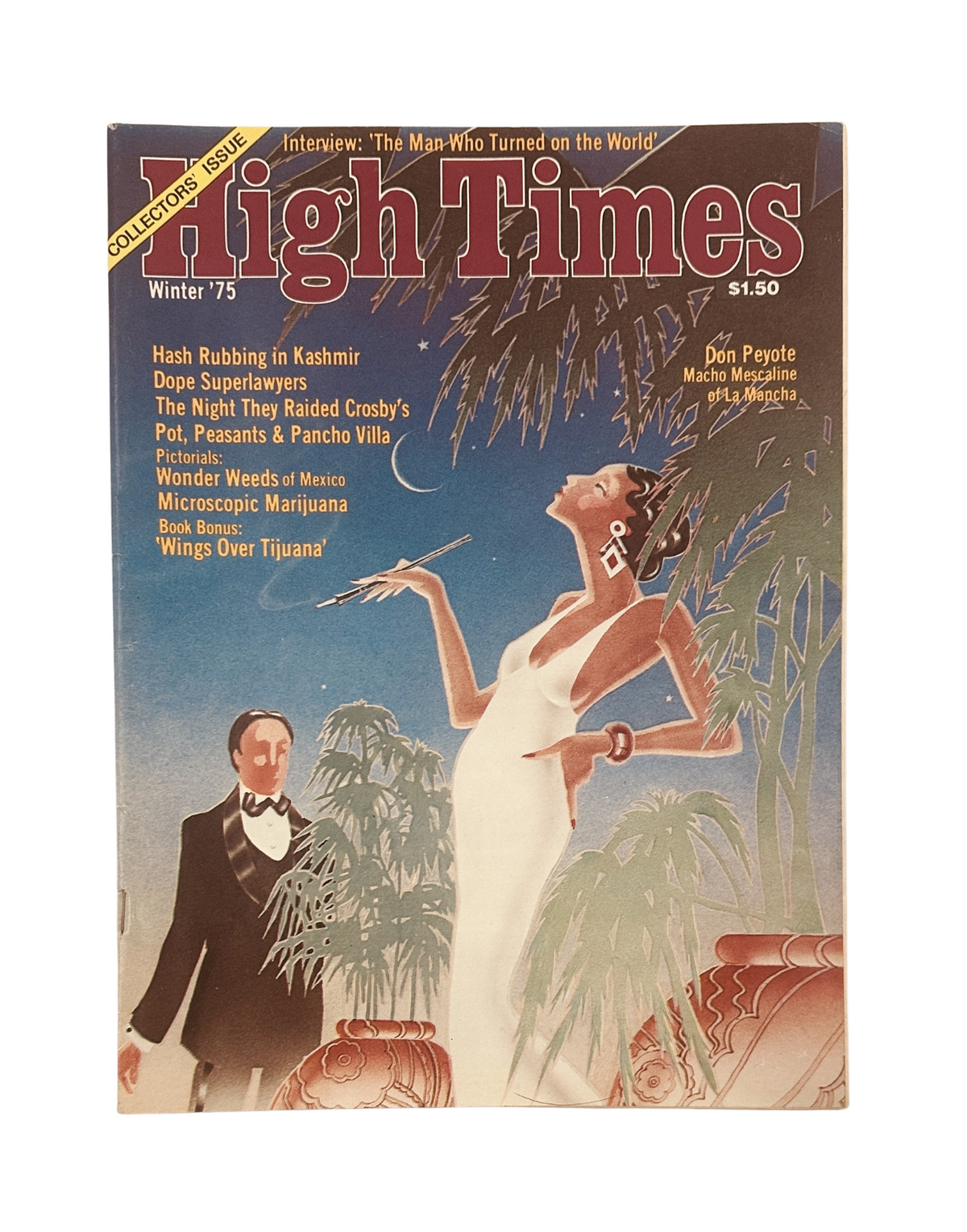 Cover of High Times Magazine Winter 1975 featuring the article 'Hash Rubbing in Kashmir' and artwork depicting a glamorous scene with a tropical theme.