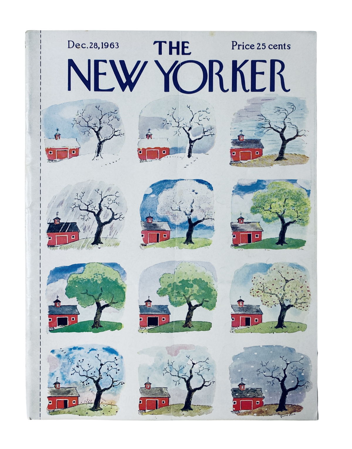 The New Yorker Magazine December 28, 1963 cover featuring seasonal tree barn illustrations by G. Price.